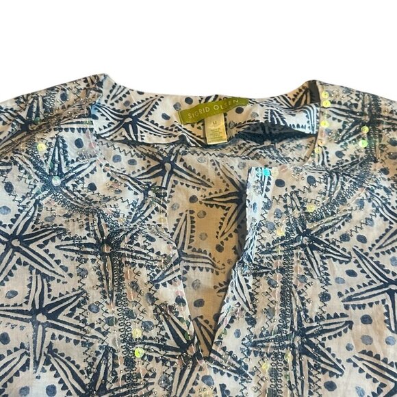 Sigrid Olsen 100% Cotton V-Neck Tunic Top Sequin Star Fish Long Sleeve Sz Medium - Picture 3 of 11